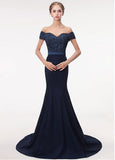 Stretch Satin Off-the-shoulder Navy Mermaid Beading Evening Dress