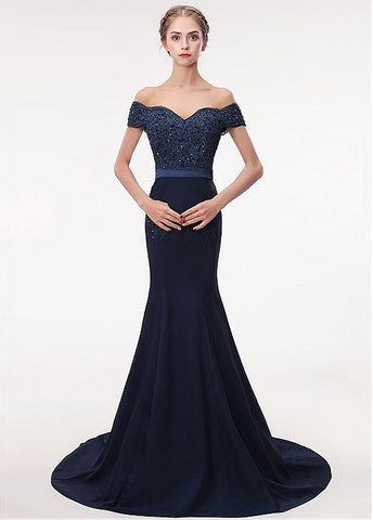 Stretch Satin Off-the-shoulder Navy Mermaid Beading Evening Dress