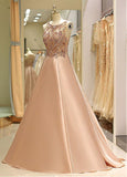 Satin Jewel Beading Long Pink A-line Prom Dress