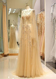 Tulle Jewel Long Sleeve Gold Beading Prom Evening Dress
