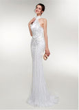 Tulle High Collar White Long Mermaid Evening Dress