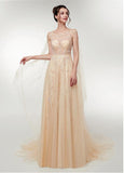 Scoop Tulle Champagne Long A-line Prom Dress