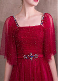 Lace Square Burgundy Evening Dress With Beadings & Belt