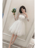 Sheer Neckline Lace Tulle Short Long Sleeves Wedding Reception Dress