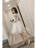 Sheer Neckline Lace Tulle Short Long Sleeves Wedding Reception Dress