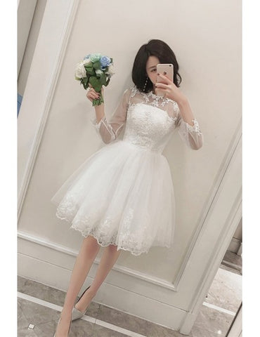Sheer Neckline Lace Tulle Short Long Sleeves Wedding Reception Dress