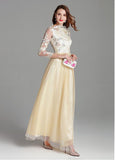 Tulle & Embroidery Lace Bateau Champagne Long Prom Dress
