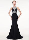 Halter Black Satin Mermaid Keyhole Evening Prom Dress With Beadings