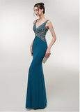 Spandex V-neck Teal Mermaid Evening Dress