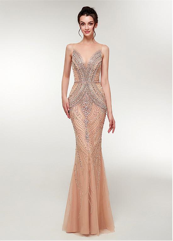 Jewel Sheer Long Beading Champagne Mermaid Evening Dress US2 Jewel Sheer Long Beading Champagne Mermaid Evening Dress US2