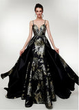Spaghetti Straps Long Print Black A-line Prom Dress