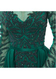 Satin Bateau Long Sleeve Green A-line Formal Dress