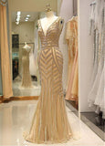 V-neck Gold Beading Long Mermaid Evening Dress