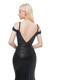 Sequin Spaghetti Straps Long Blue Mermaid Evening Dress