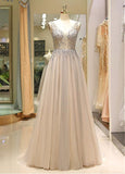 Beading Tulle V-neck Champagne Long Prom Dress