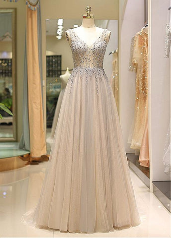 Beading Tulle V-neck Champagne Long Prom Dress