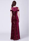 Burgundy Fleece V-neck Sequin Mermaid Evening Dress