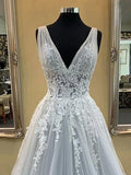 V Neck Lace Tulle Appliues Gray Wedding Dress