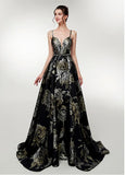 Spaghetti Straps Long Print Black A-line Prom Dress