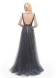 Rhinestones Gray Tulle V Neck Backless Prom Dress