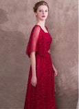 Lace Square Burgundy Evening Dress With Beadings & Belt