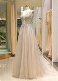Beading Tulle V-neck Champagne Long Prom Dress