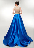 Satin V-neck Beading Long Prom Evening Dress