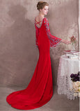 Satin V-neck Red Long Sleeve Mermaid Evening Dress