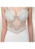 Slit Tulle V-neck White Long Mermaid Prom Dress