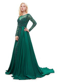 Satin Bateau Long Sleeve Green A-line Formal Dress