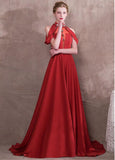 Satin High Collar Red Long Evening Dress With Beadings