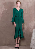 Satin V-neck Green Hi-lo Mermaid Formal Dress With Belt