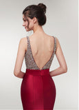 Satin V-neck Wine Red Mermaid Evening Dress