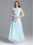 Embroidery Lace & Tulle Bateau Long Sleeve A-line Prom Dress