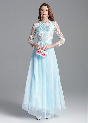 Embroidery Lace & Tulle Bateau Long Sleeve A-line Prom Dress
