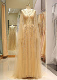 Tulle Jewel Long Sleeve Gold Beading Prom Evening Dress