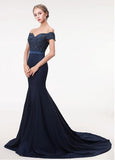 Stretch Satin Off-the-shoulder Navy Mermaid Beading Evening Dress