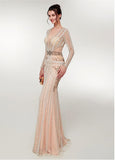 Gold Beading V Neck Long Sleeve Mermaid Prom Dress