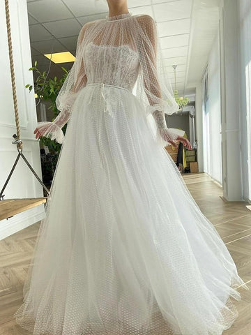 White Long Sleeve Tulle High Neck Wedding Dress