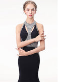 Halter Black Satin Mermaid Keyhole Evening Prom Dress With Beadings