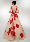 Tulle Bateau Beading Red Long A-line Prom Dress