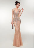 Jewel Sheer Long Beading Champagne Mermaid Evening Dress