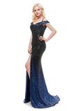 Sequin Spaghetti Straps Long Blue Mermaid Evening Dress