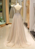 Beading Tulle V-neck Champagne Long Prom Dress
