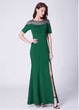 Cotton Jewel Long Green Mermaid Formal Dress With Slit