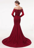 Satin Off-the-shoulder Beading Red Mermaid Evening Dress With Belt