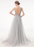 Tulle V-neck Gray Beading Backless A-line Prom Dress With Beadings