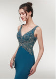 Spandex V-neck Teal Mermaid Evening Dress