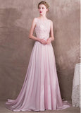 Satin & Tulle Bateau Pink Belt Prom Dress With Handmade Flowerss