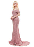 Lace Spaghetti Straps Pink Long Mermaid Evening Dress